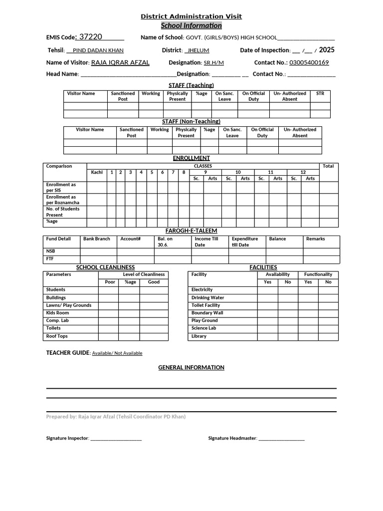 Visit Proforma Zonal Head | PDF