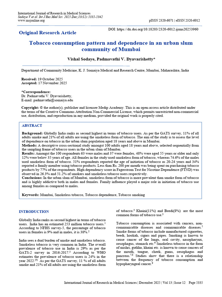 Tobacco Use and Dependence in Mumbai Slum | PDF | Smoking | Substance ...