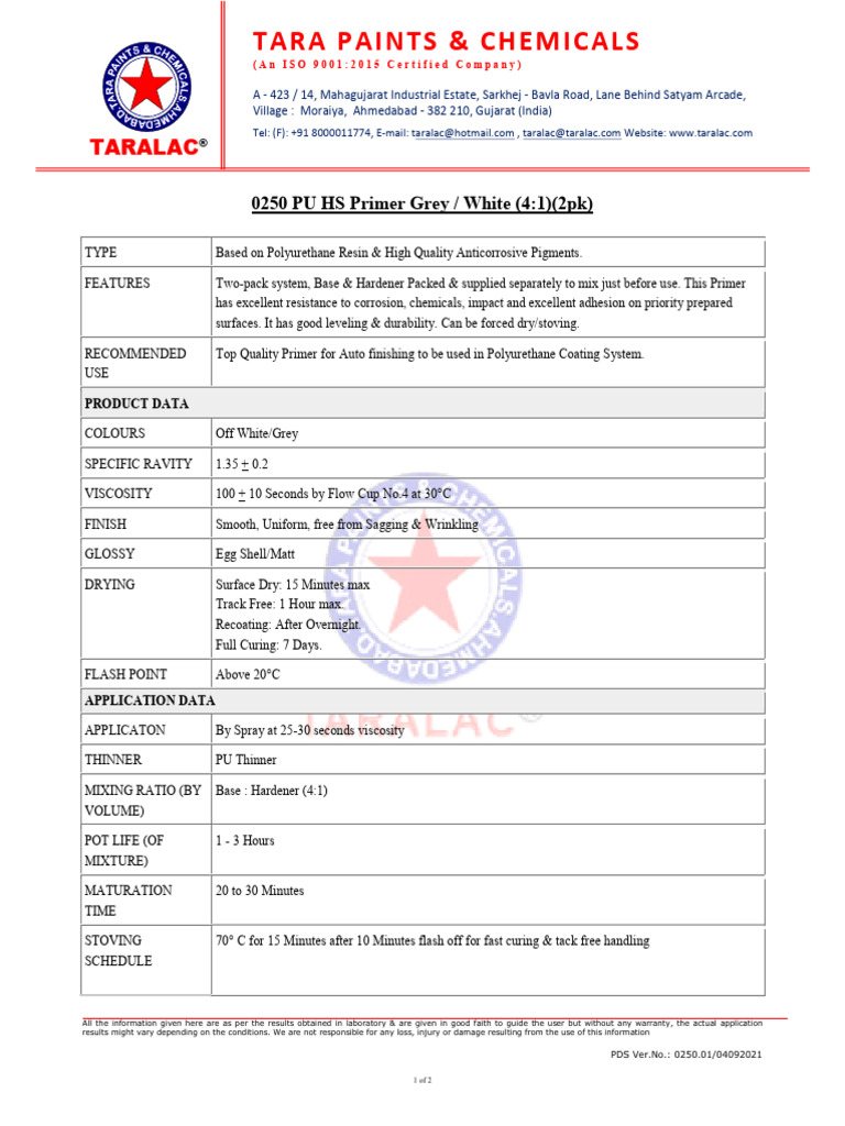 TARALAC® PU HS Primer Product Details | PDF | Materials | Industrial ...