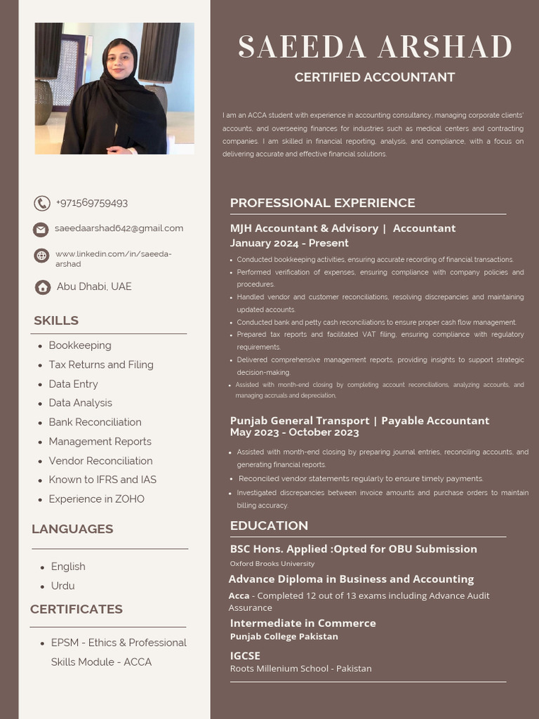 PROFILE - Saeeda Arshad - Accountant | PDF | Accounting | Bookkeeping