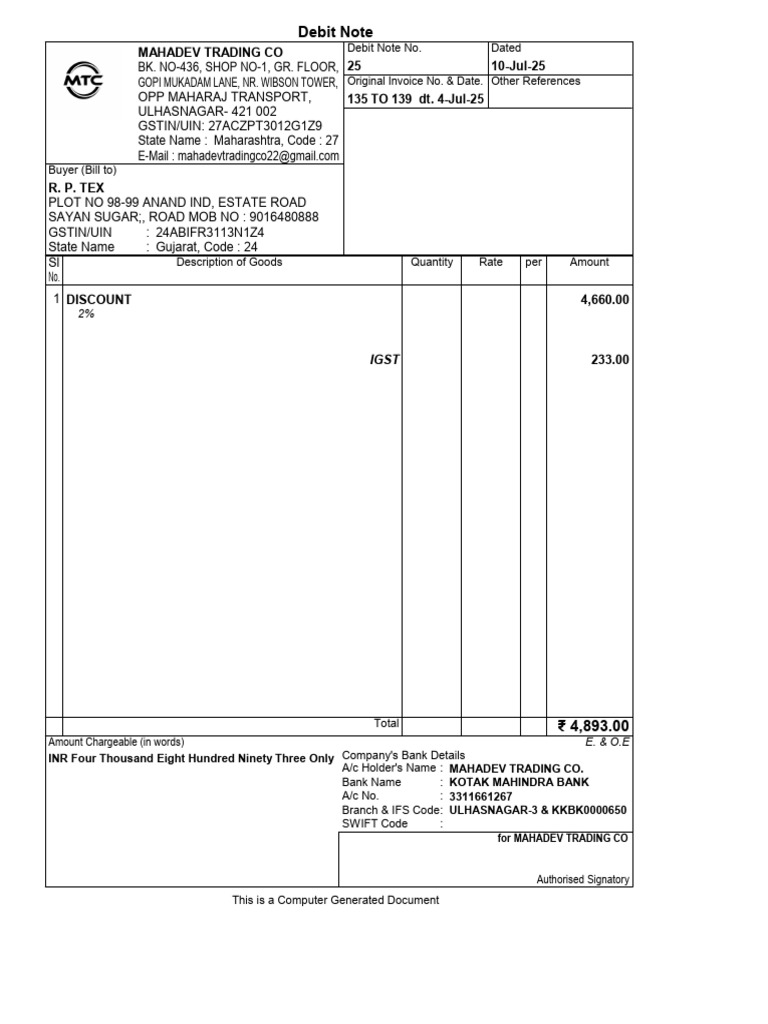 Debit Note for Mahadev Trading Co. | PDF