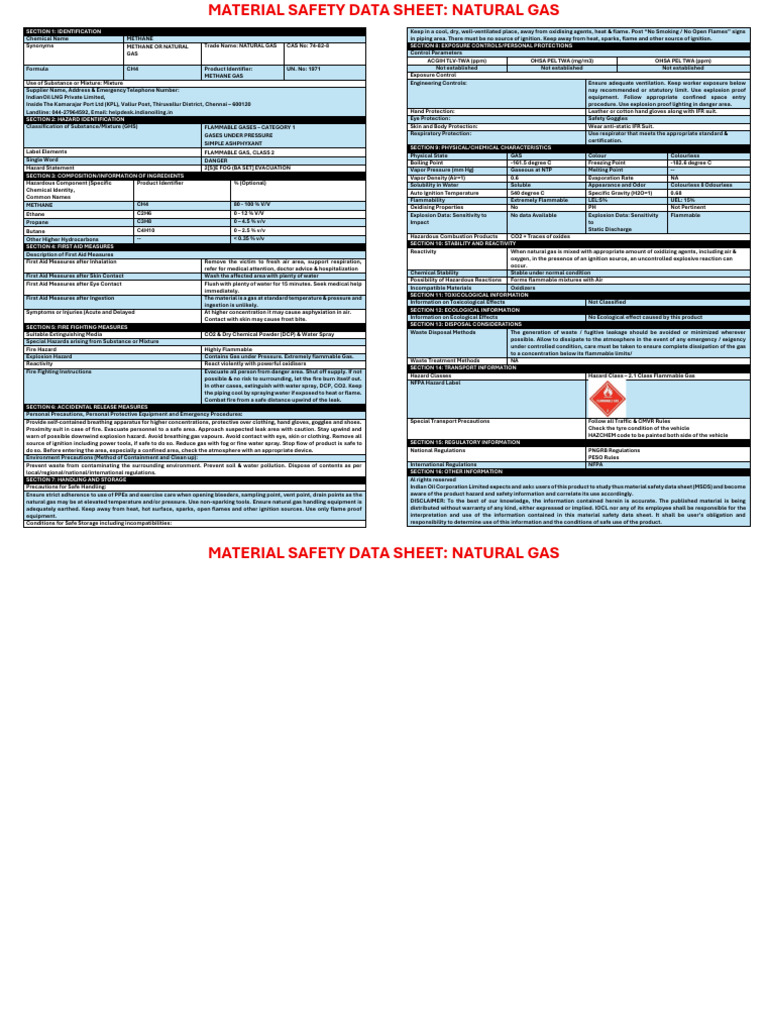 Natural Gas MSDS: Safety & Handling Guide | PDF | Propane | Chemistry