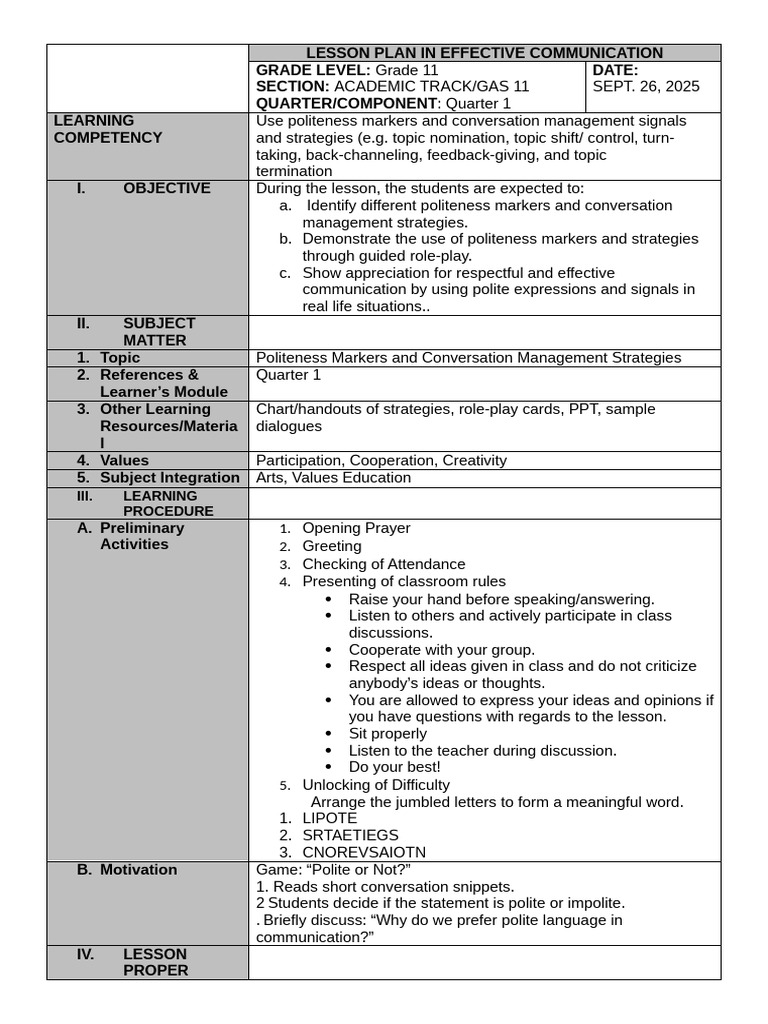 Effective Communication Lesson Plan | PDF | Learning | Lesson Plan
