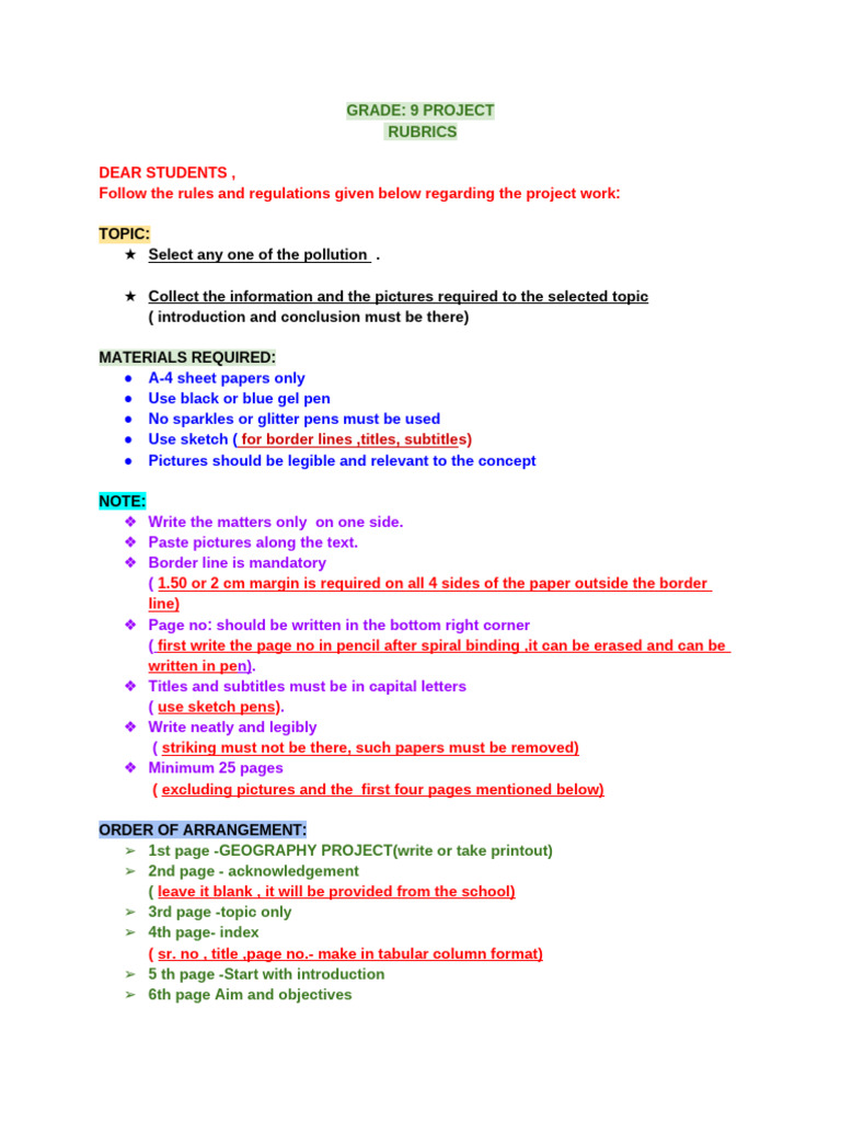 9th Grade Pollution Project Guidelines | PDF
