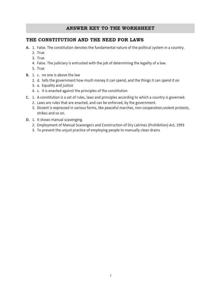 Constitution and Laws Worksheet Answers | PDF