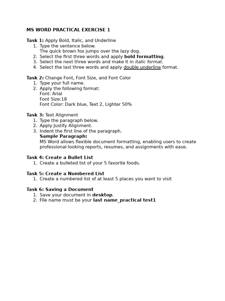 MS Word Formatting Practical Exercise | PDF