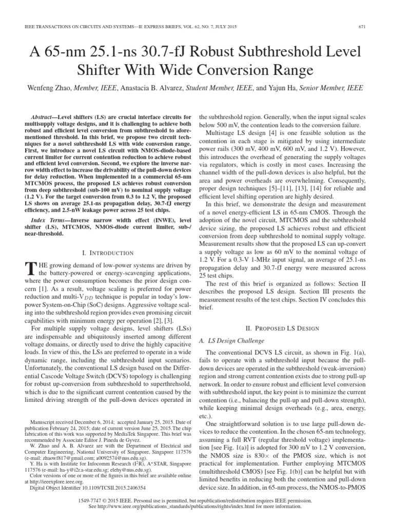 65-nm Subthreshold Level Shifter Design | PDF | Mosfet | Power Inverter