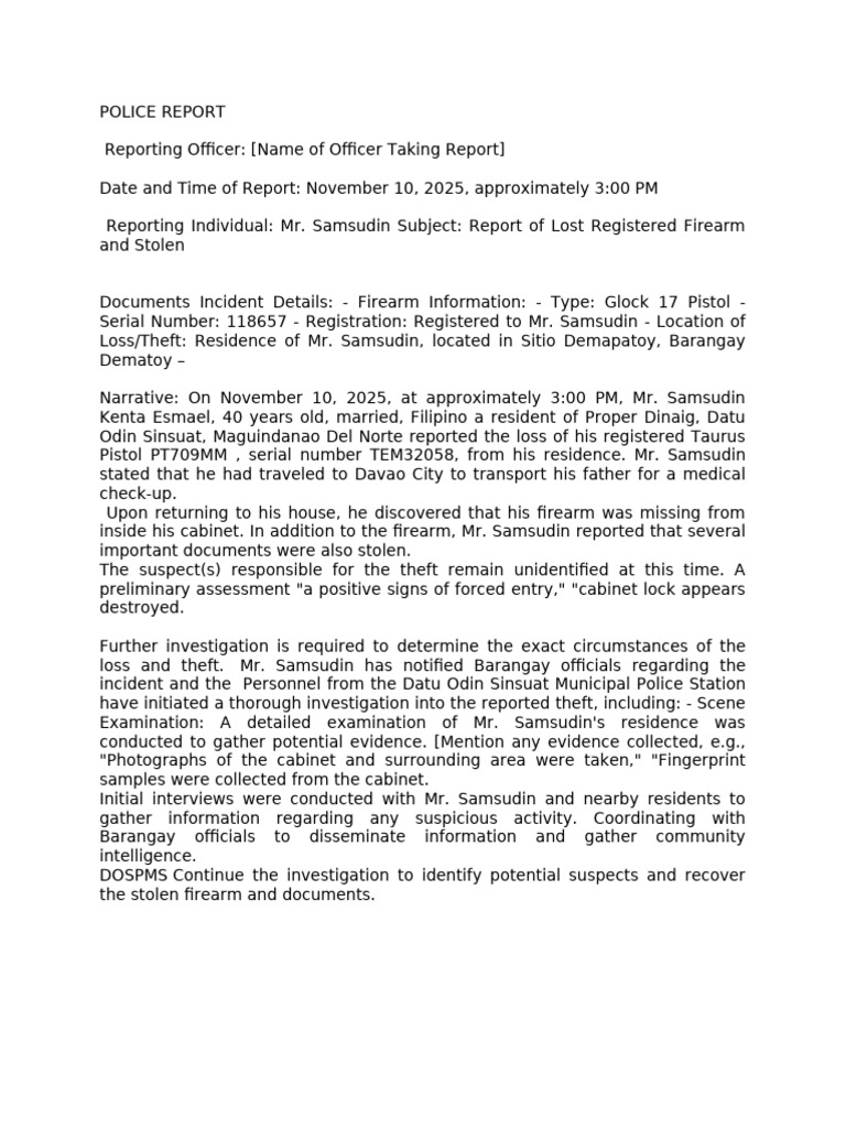 Lost Firearm and Stolen Documents Report | PDF