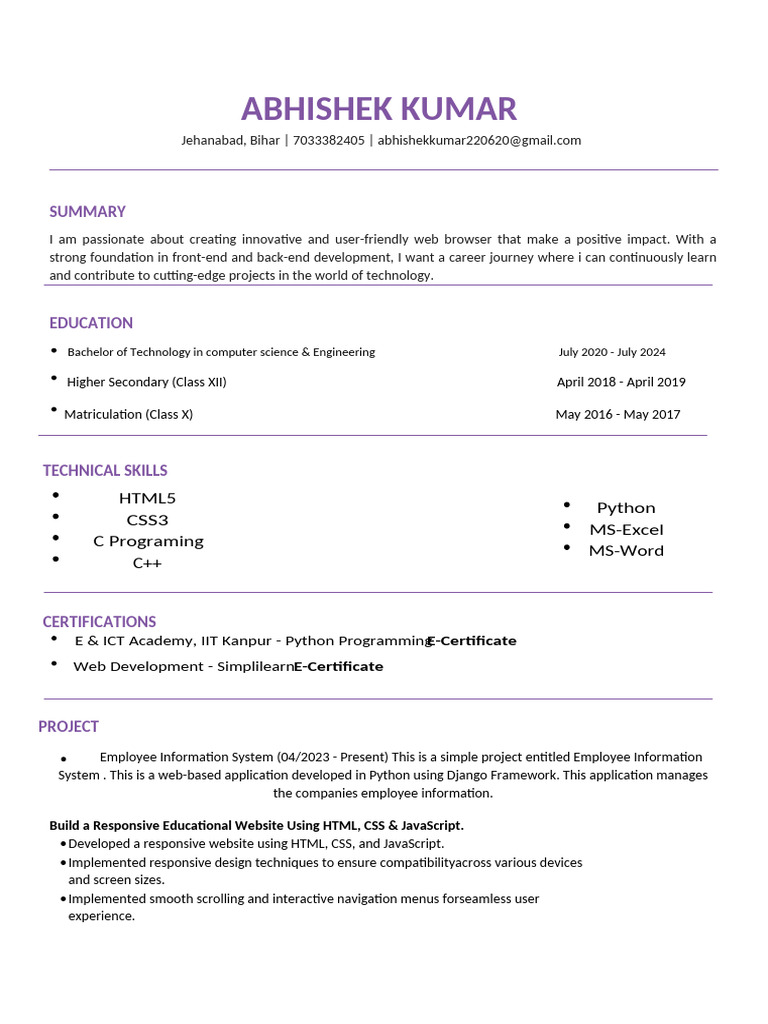 Web Developer Resume - Abhishek Kumar | PDF