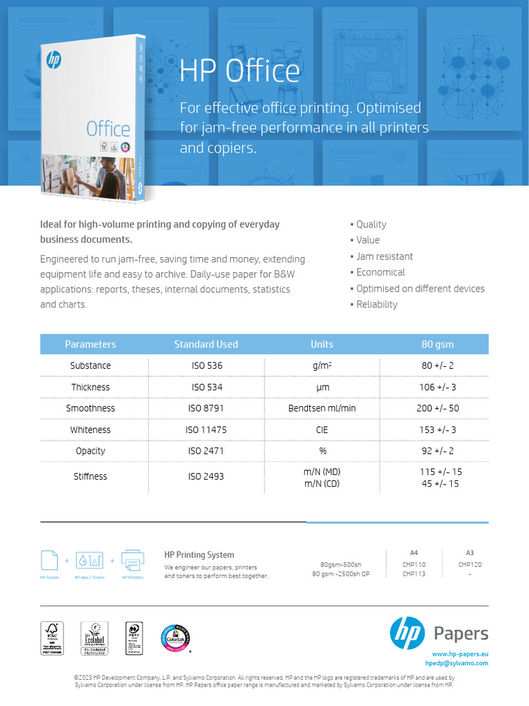 HP Office Paper Specifications Guide | PDF | Printer (Computing) | Paper