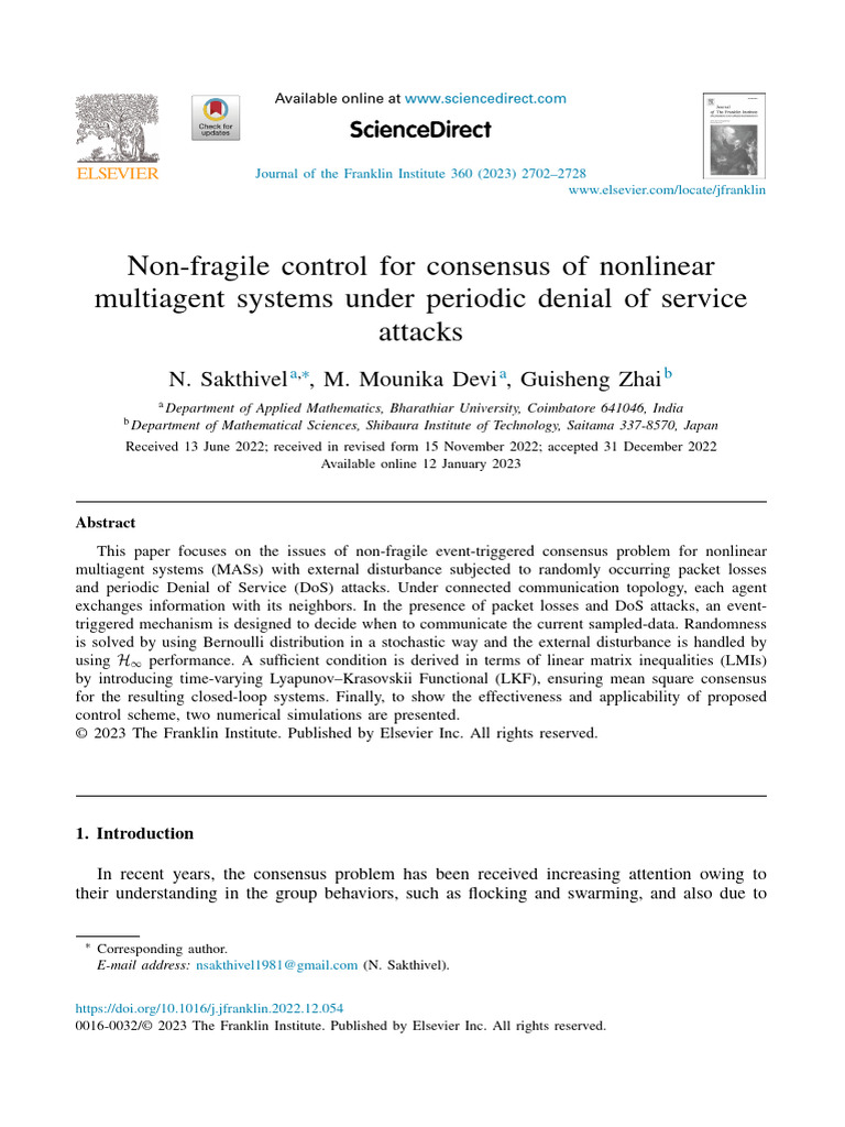 Non Fragile Control for Consensus of Nonlinear Multiag 2023 Journal of ...