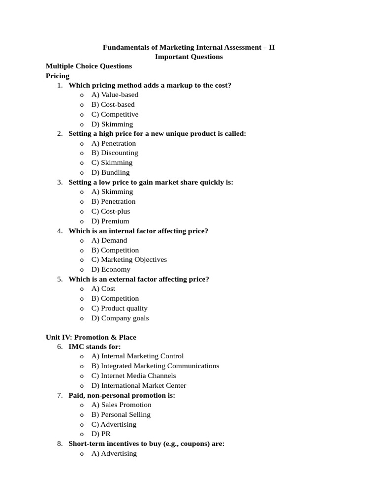 Marketing Fundamentals Assessment Guide | PDF | Marketing | Supply ...