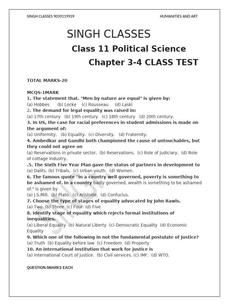 Class 11 Chapter 3 4 Test | PDF