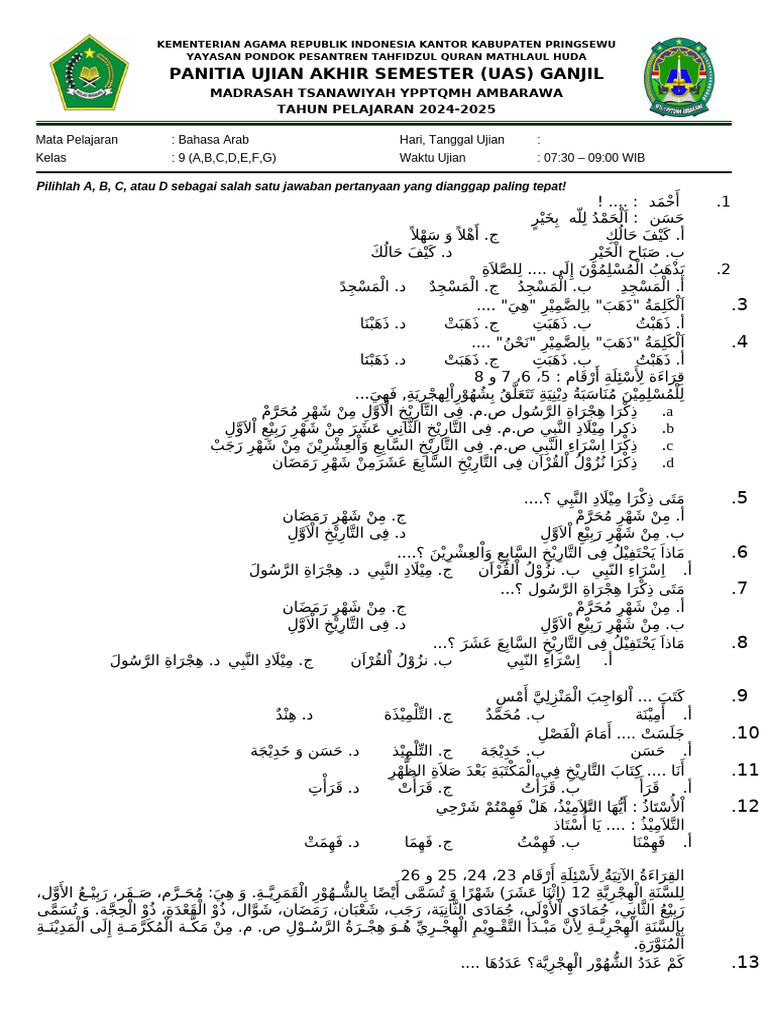 UAS Bahasa Arab Kelas 9 Pringsewu | PDF