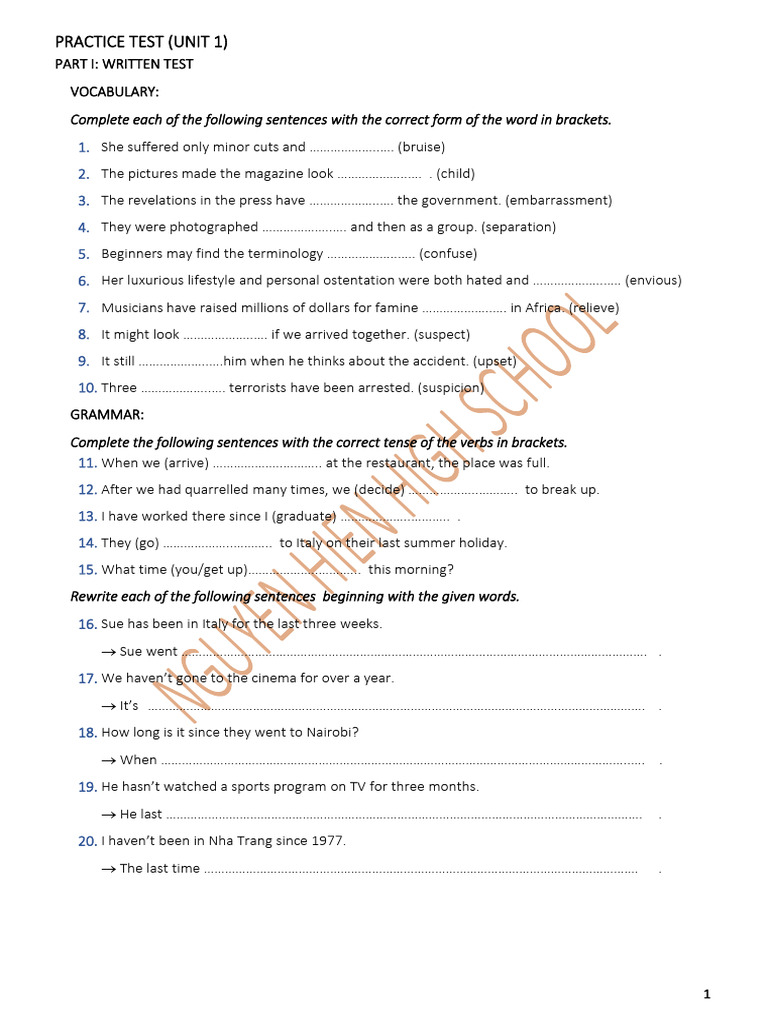 Vocabulary and Grammar Practice Test | PDF