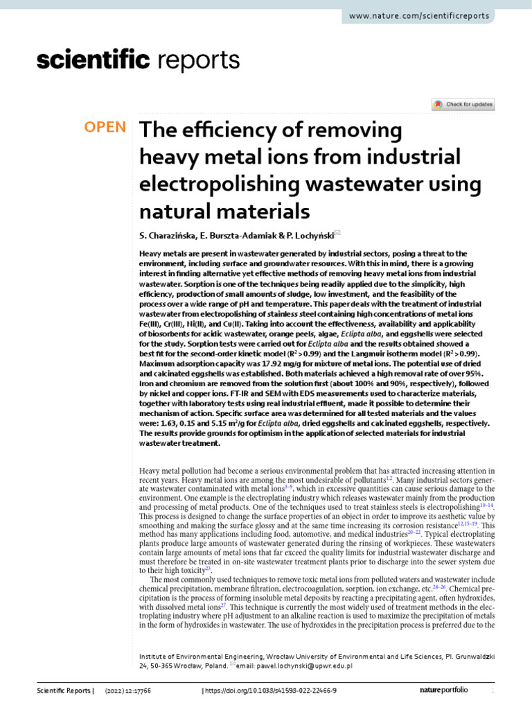 Heavy Metal Removal from Wastewater | PDF | Adsorption | Chemistry