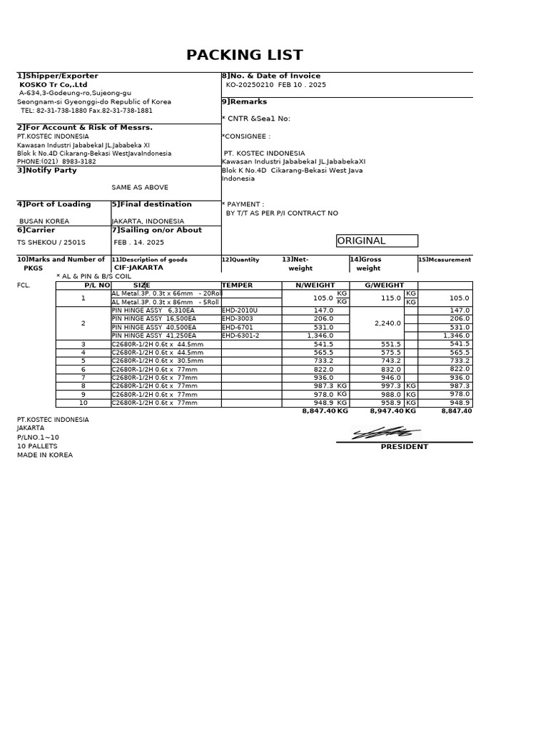 Export Packing List for PT. KOSTEC | PDF