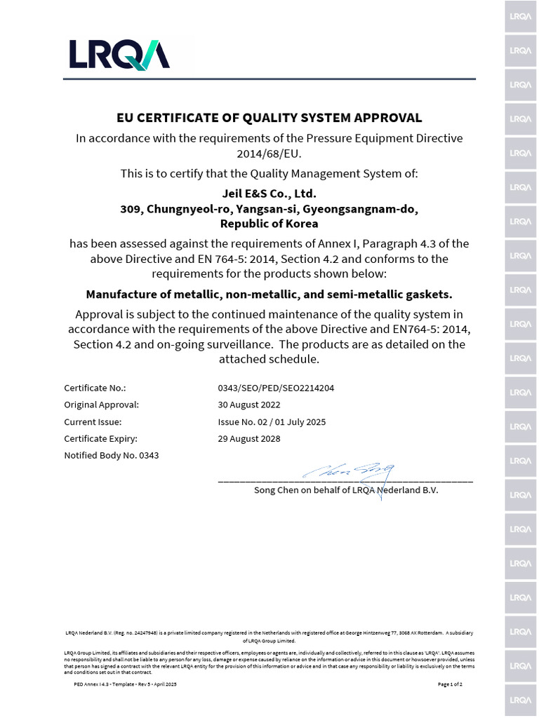 C-4. LRQA PED_M, Jeil E&S_PED M Certificate, Issue-2_202506, Signed ...