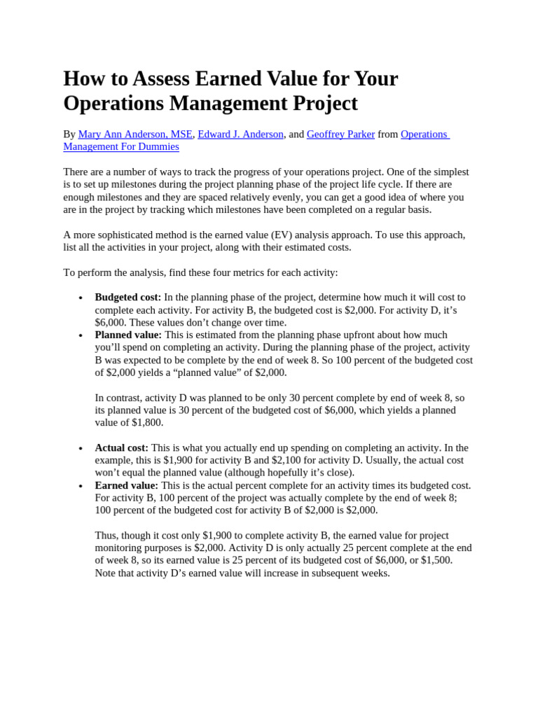 How To Assess Earned Value For Your Operations Management Project | PDF