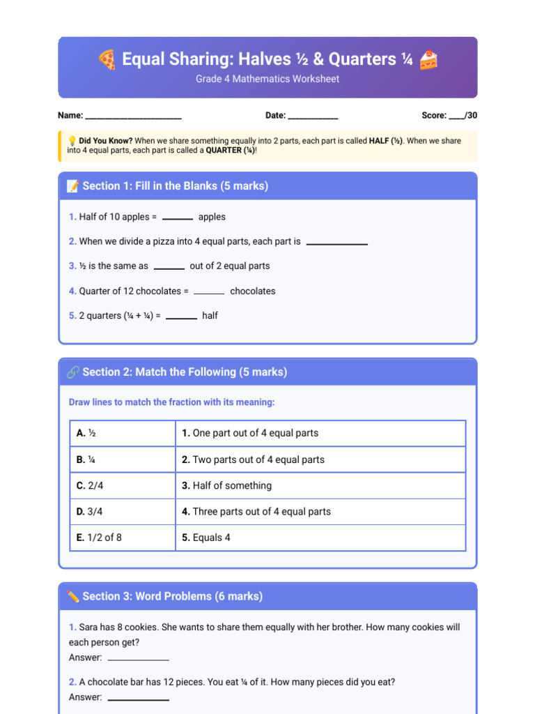Grade 4 Fractions Worksheet: Halves & Quarters | PDF