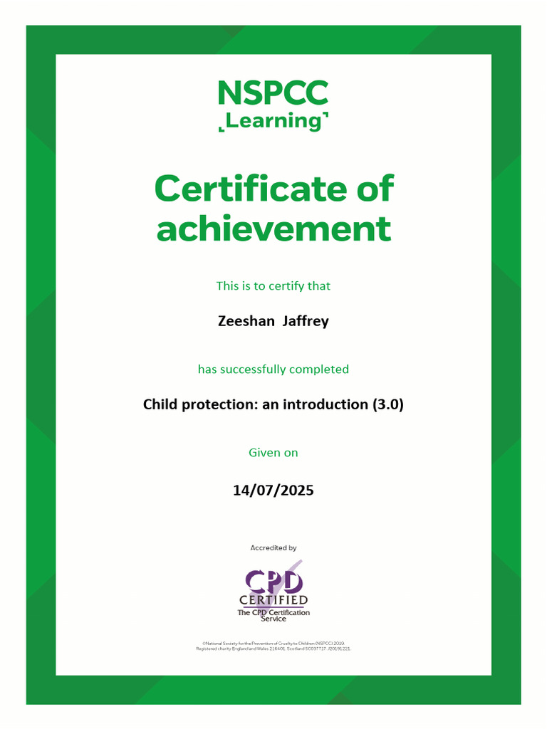 Zeeshan Jaffrey NSPCC CPD Course Certificate | PDF