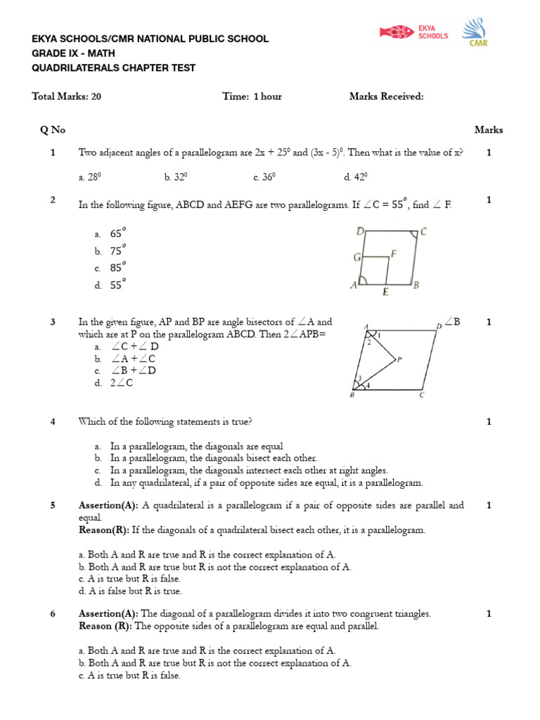 Grade IX Math: Quadrilaterals Test | PDF | Geometry | Geometric Shapes
