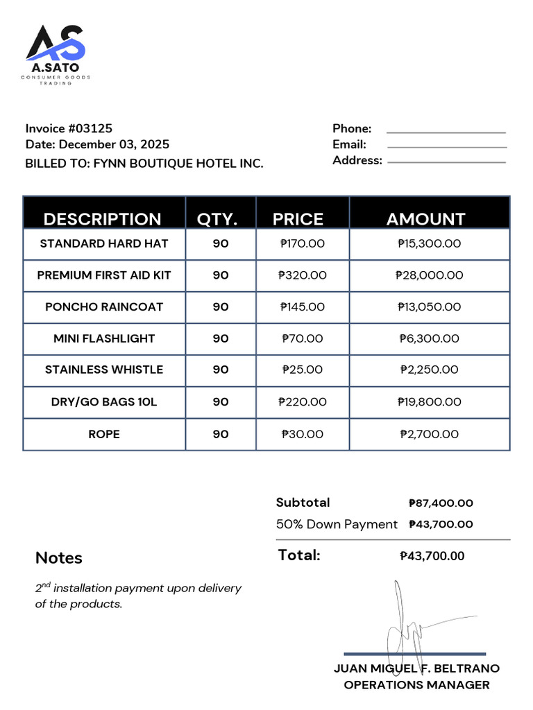 Safety Equipment Invoice for Fynn Boutique | PDF