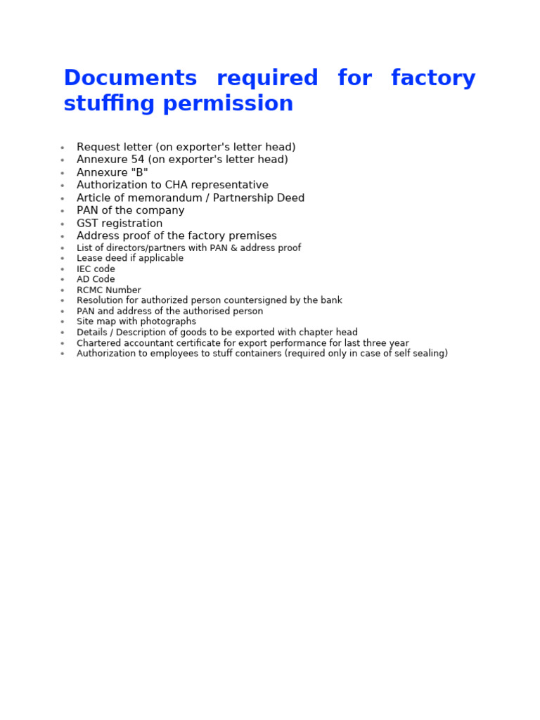 Factory Stuffing Permission Documents | PDF