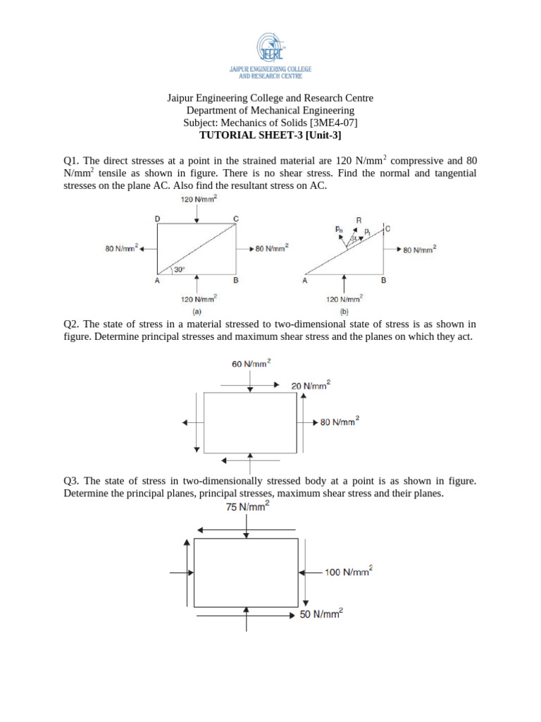 Mechanics of Solids Tutorial Solutions | PDF | Stress (Mechanics) | Angle