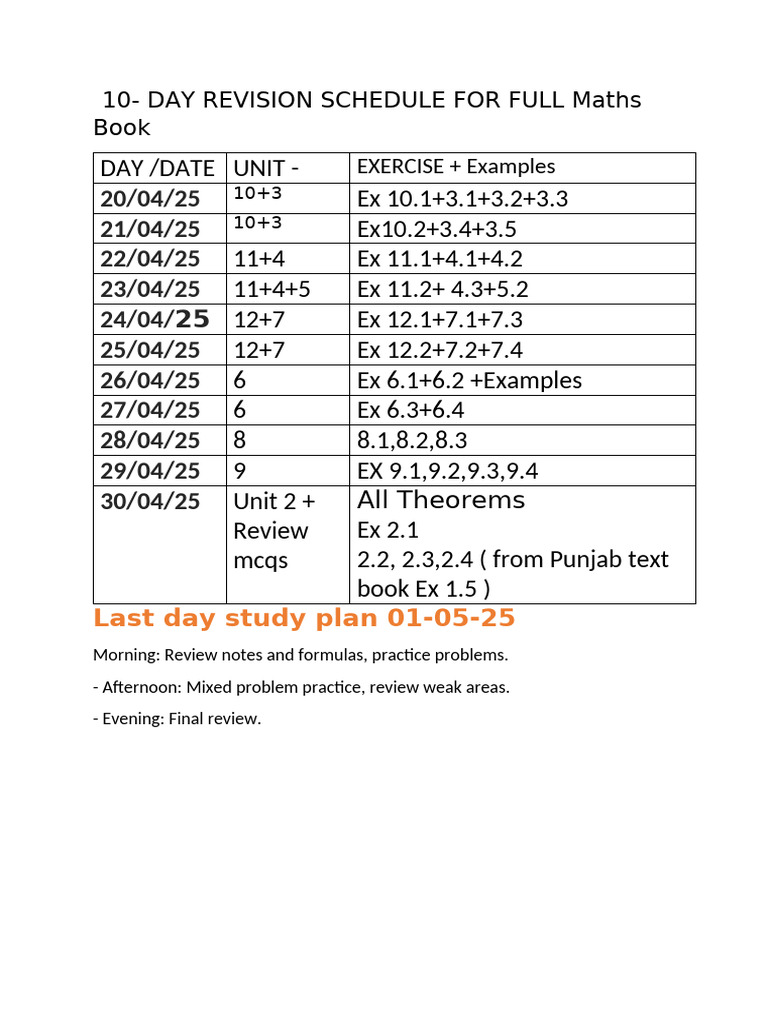 10-Day Maths Revision Schedule | PDF