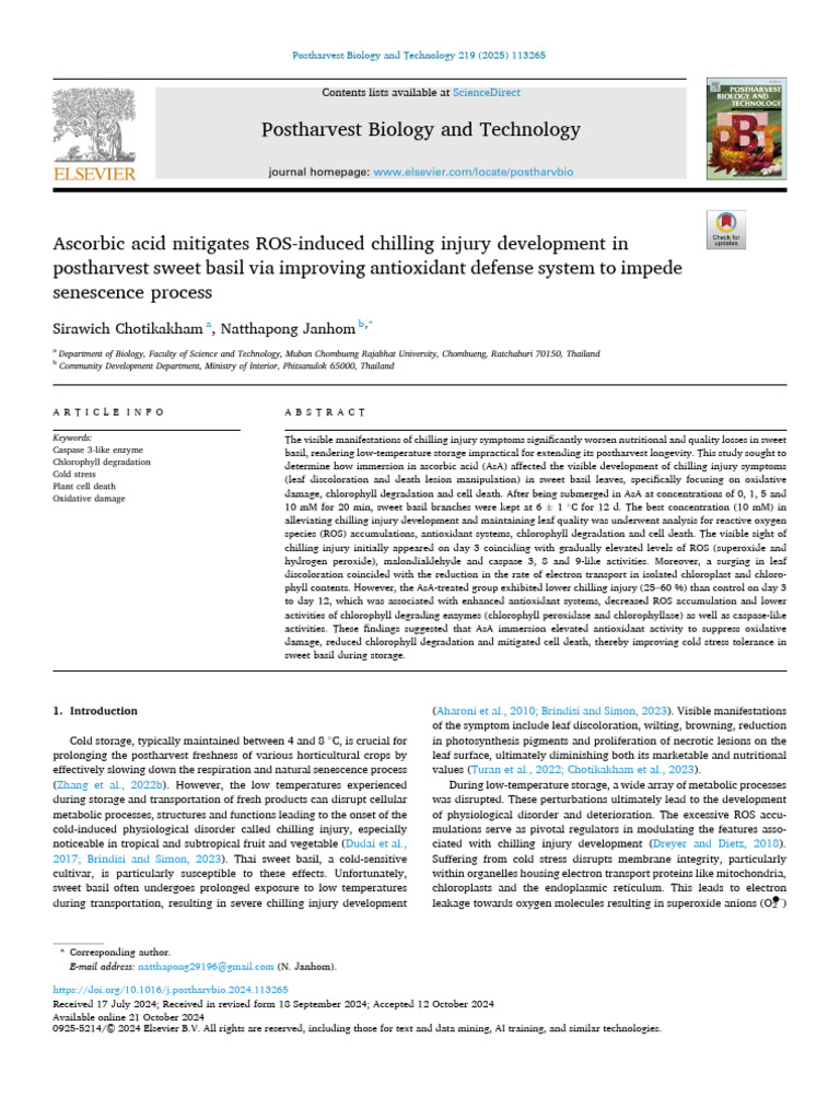 Ascorbic Acid Reduces Chilling Injury in Basil | PDF | Reactive Oxygen ...