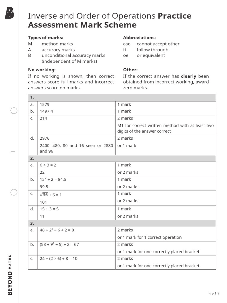 Inverse & Order of Operations Mark Scheme | PDF | Chess | Chess Theory
