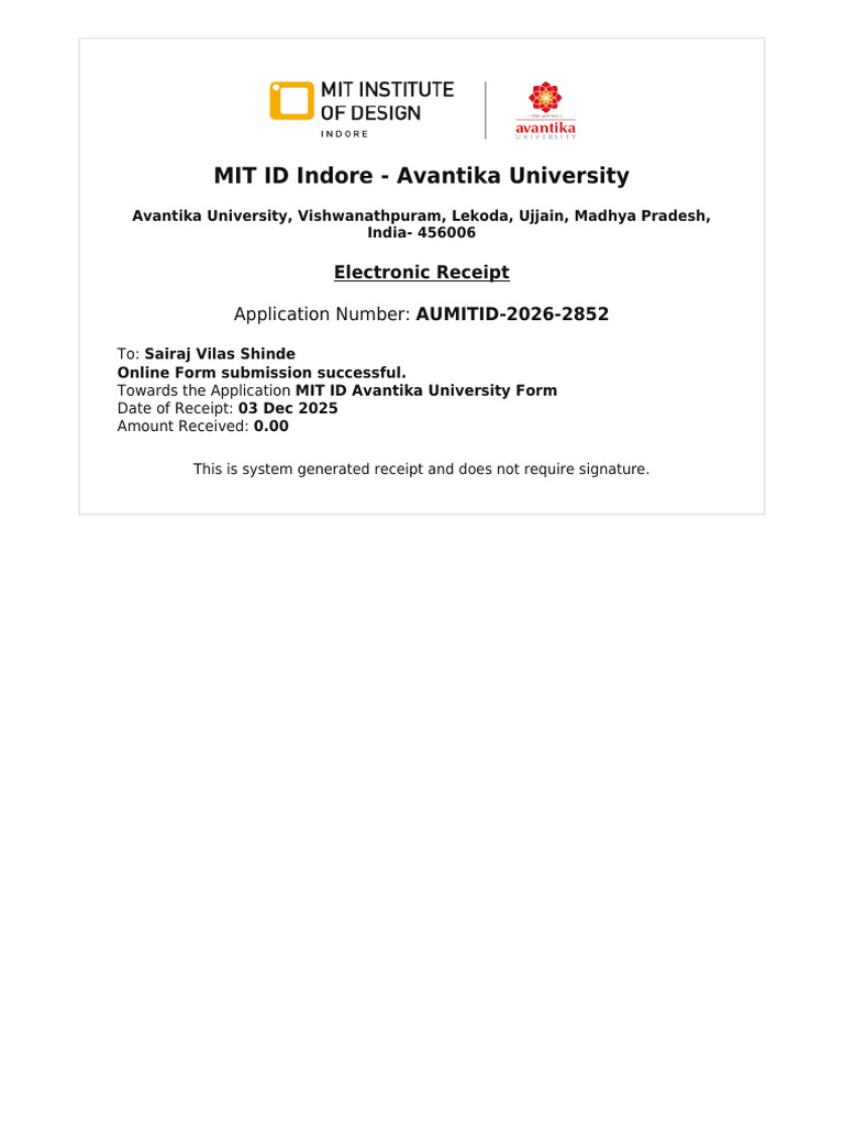 MIT ID Application Receipt - Avantika University | PDF