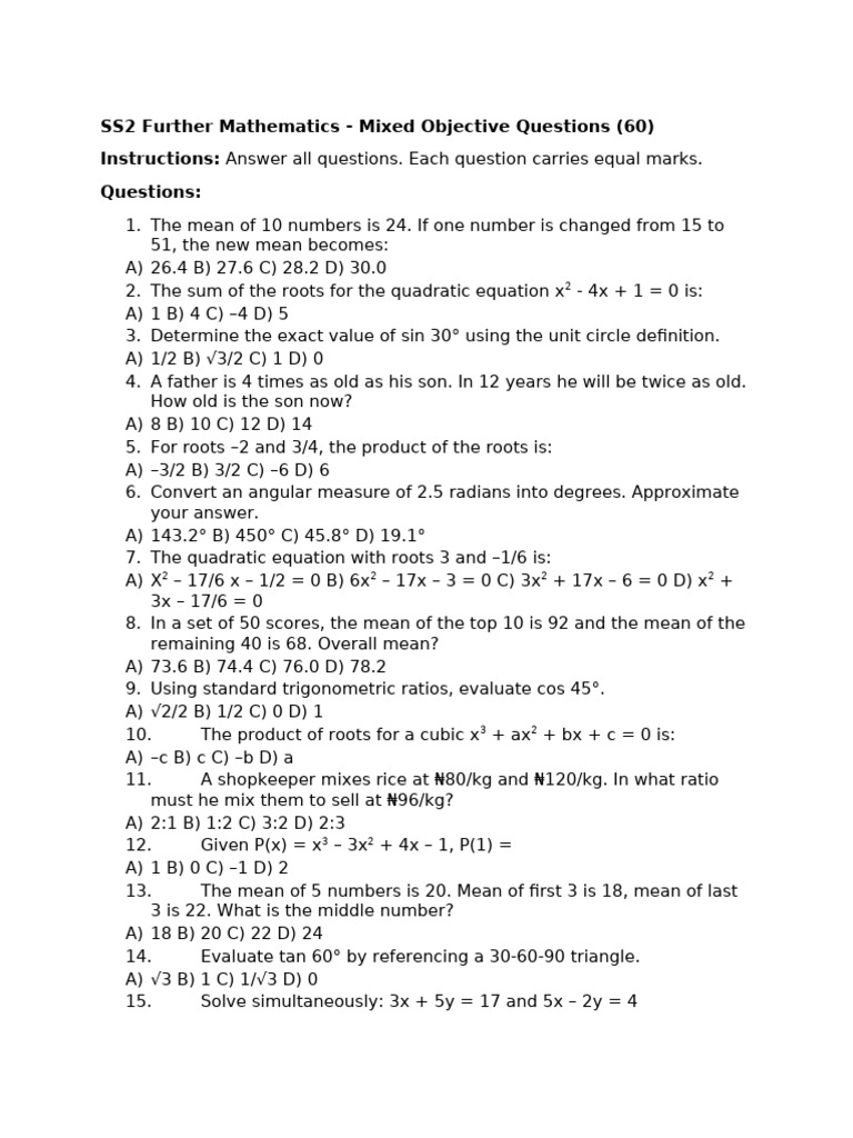 Further Mathematics Mixed Questions | PDF | Quadratic Equation ...