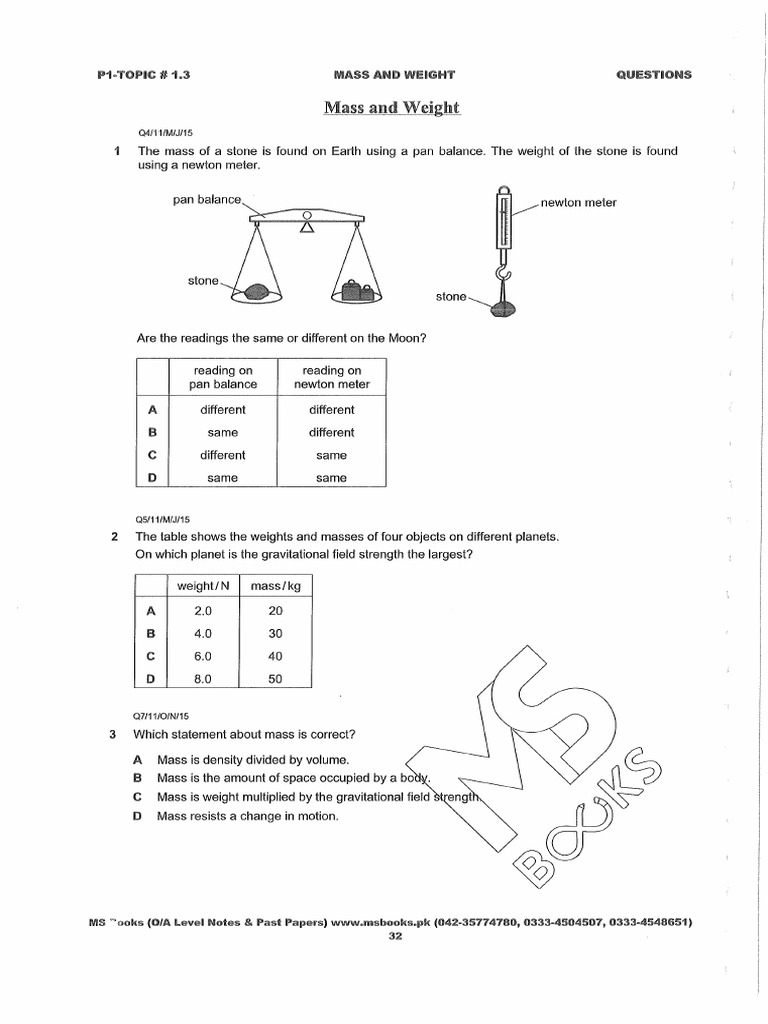 Mass Weight Density MCQs | PDF
