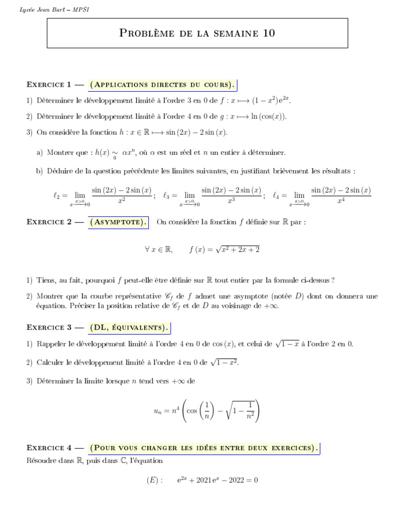 Problèmes de mathématiques MPSI 10 | PDF | Asymptote | Limite ...