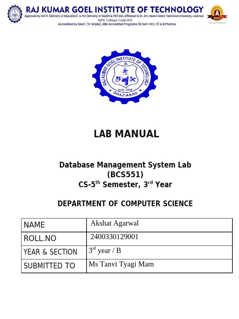 Database Management System Lab Manual | PDF | Pl/Sql | Database Index