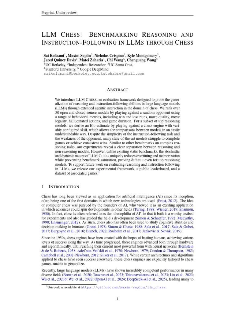 LLM CHESS: Evaluating AI Reasoning in Chess | PDF | Chess