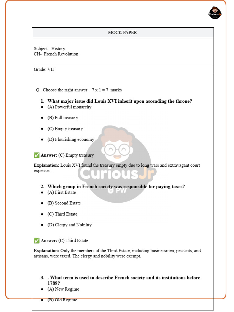 MOCK PAPER CH-1 French Revolution PDF | PDF | Taxes | French Revolution