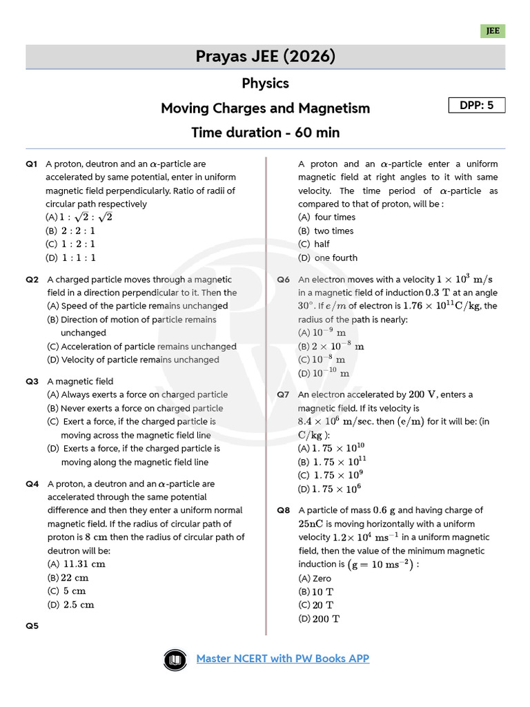 JEE Physics: Moving Charges & Magnetism | PDF | Magnetic Field | Force