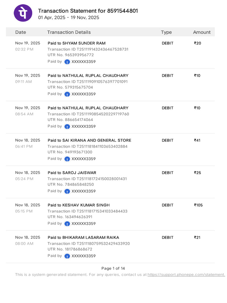Transaction Statement April-Nov 2025 | PDF | Debit Card | Banking ...