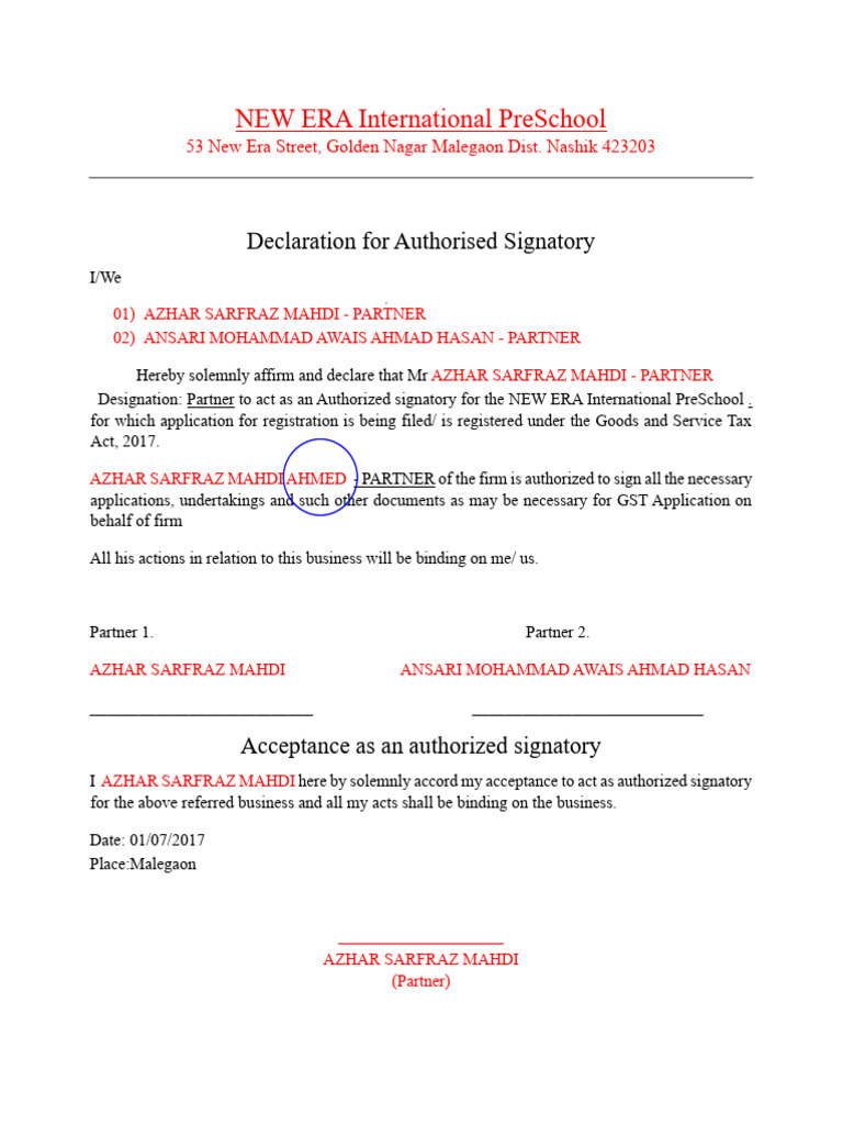 Authorized Signatory Declaration for GST | PDF