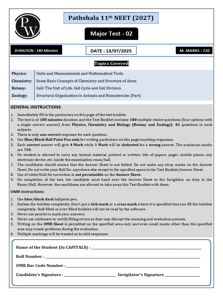 NEET 2027 Major Test 2 Instructions | PDF | Mass | Acceleration