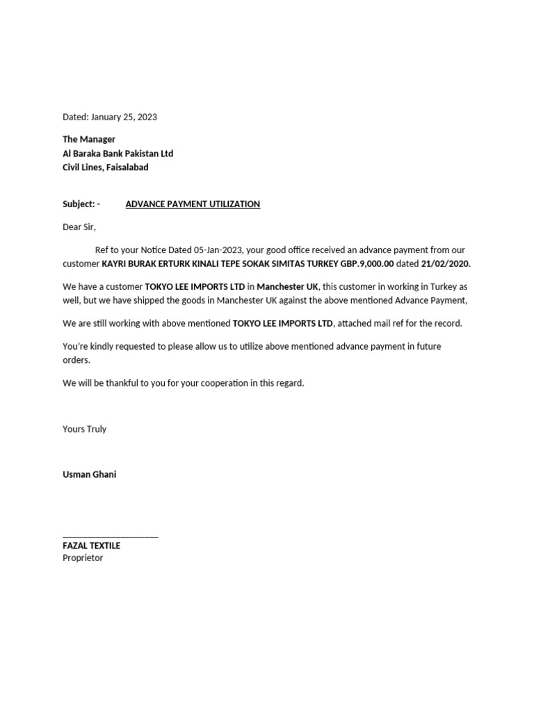 ABP Adance Payment Utilize Letter | PDF