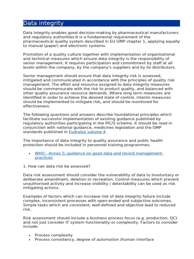 Ensuring Data Integrity in Pharma | PDF | Risk | Regulatory Compliance