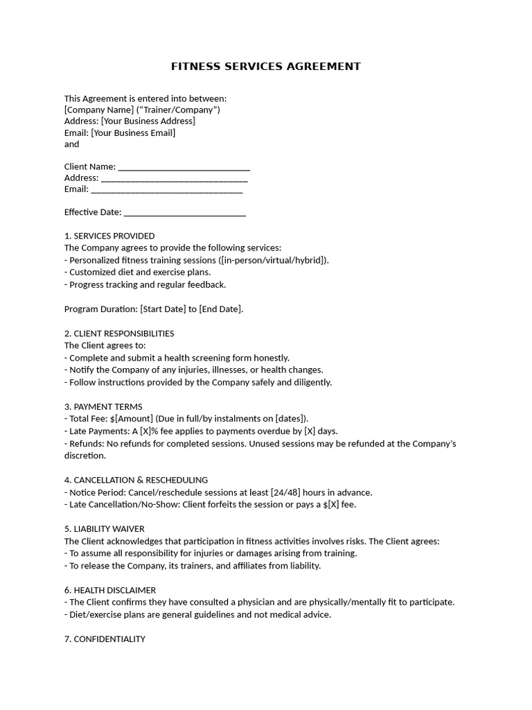 Fitness Services Agreement Template | PDF