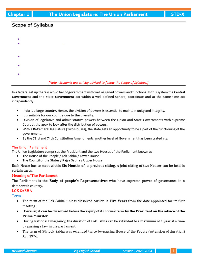 Union Parliament Overview for Students | PDF | Constitutional Law ...