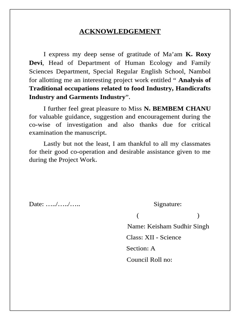 Acknowledgment for Project on Traditional Industries | PDF