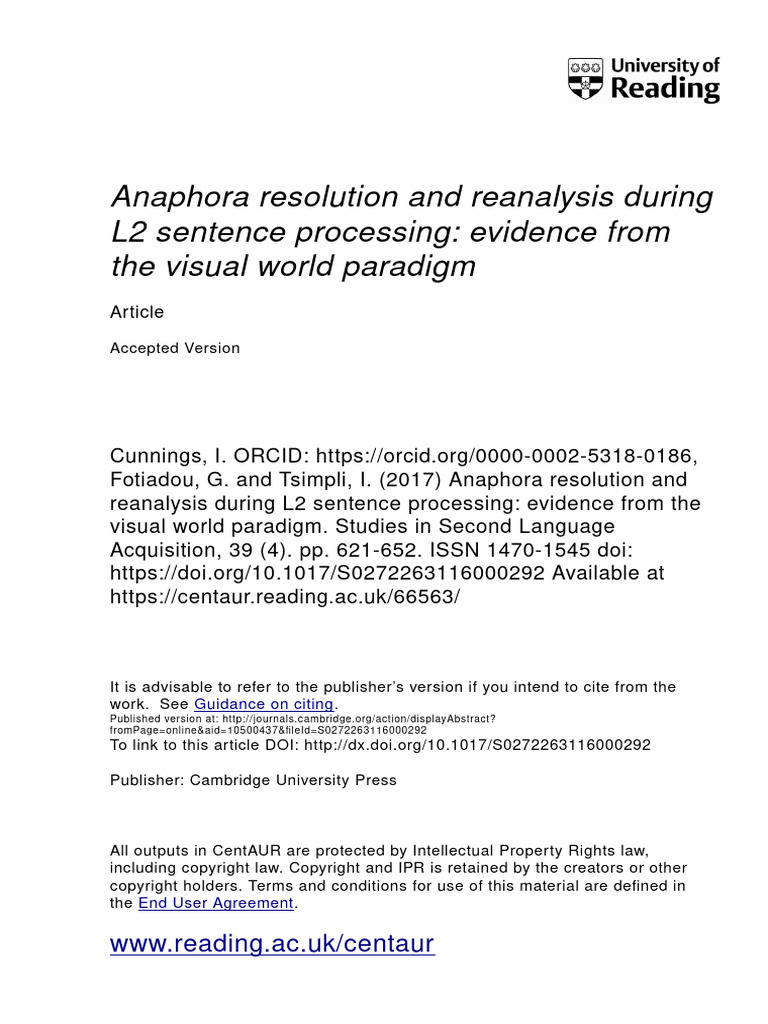 Anaphora Resolution and Reanalysis During L2 Sentence Proccesing | PDF ...