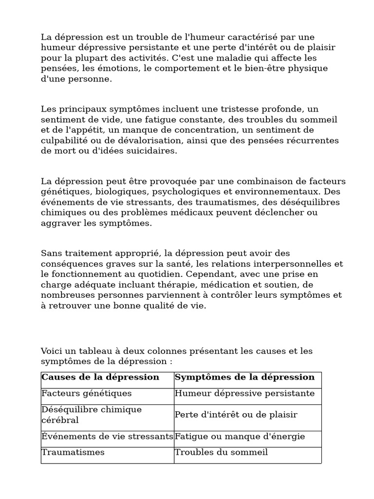 Causes et symptômes de la dépression PDF Dépression (psychiatrie